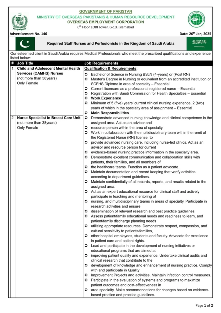 Required Staff Nurses Kingdom of Saudi Arabia 2025